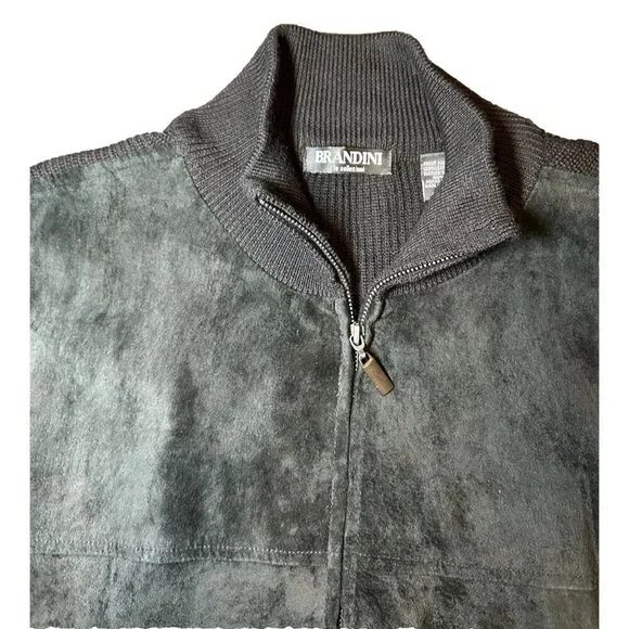 Brandini Black Suede Leather Merino Wool Full Zip Sweater Jacket Mens Size Large - Picture 4 of 8